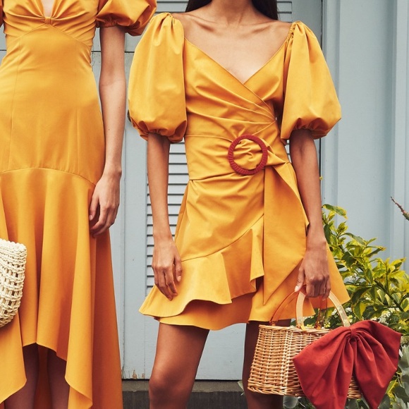 Sachin + Babi Dresses & Skirts - Sachin + Babi Raeann Belted Mini Wrap Dress Saffron Yellow Puff Sleeve 10 $425